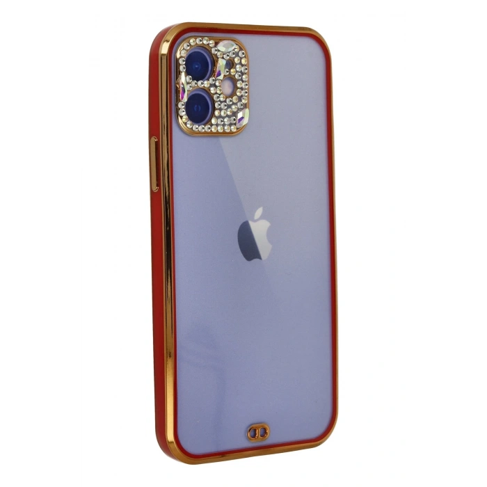 iPhone 12 Kılıf Liva Taşlı Silikon - Kırmızı