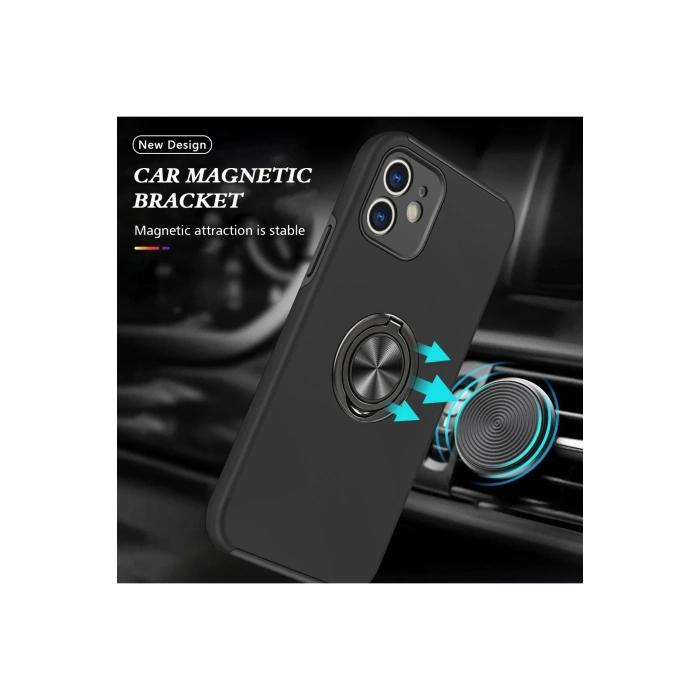 iPhone 12 Mini Kılıf Elit Yüzüklü Kapak - Siyah