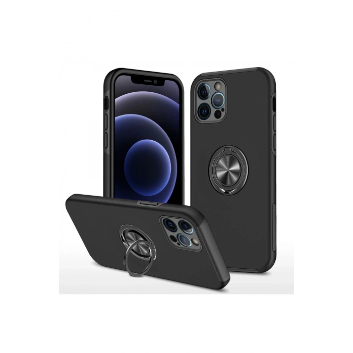 iPhone 12 Pro Kılıf Elit Yüzüklü Kapak - Siyah