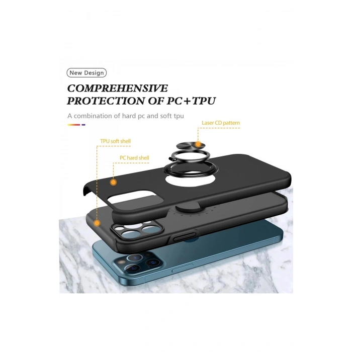 iPhone 12 Pro Kılıf Elit Yüzüklü Kapak - Siyah