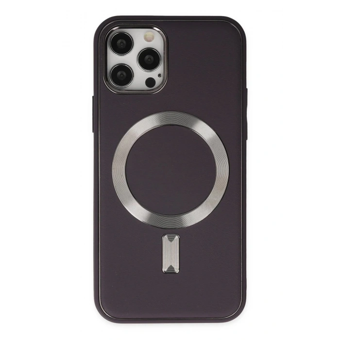 iPhone 12 Pro Max Kılıf Coco Deri Magneticsafe Silikon - Derin Mor