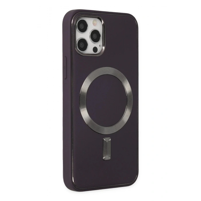 iPhone 12 Pro Max Kılıf Coco Deri Magneticsafe Silikon - Derin Mor