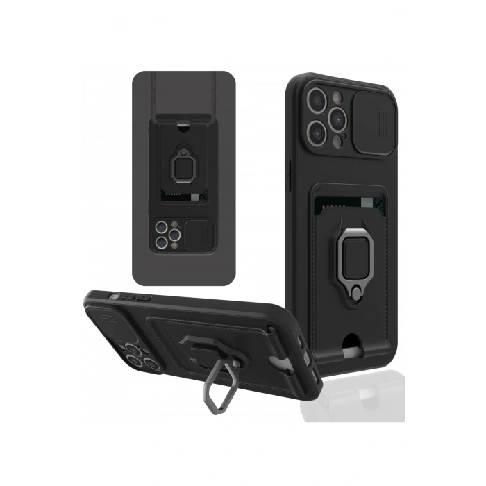 iPhone 12 Pro Max Kılıf Zuma Kartvizitli Yüzüklü Silikon - Siyah