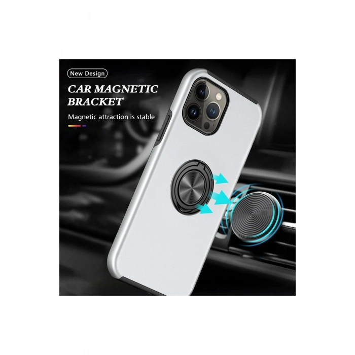 iPhone 13 Pro Kılıf Elit Yüzüklü Kapak - Gümüş