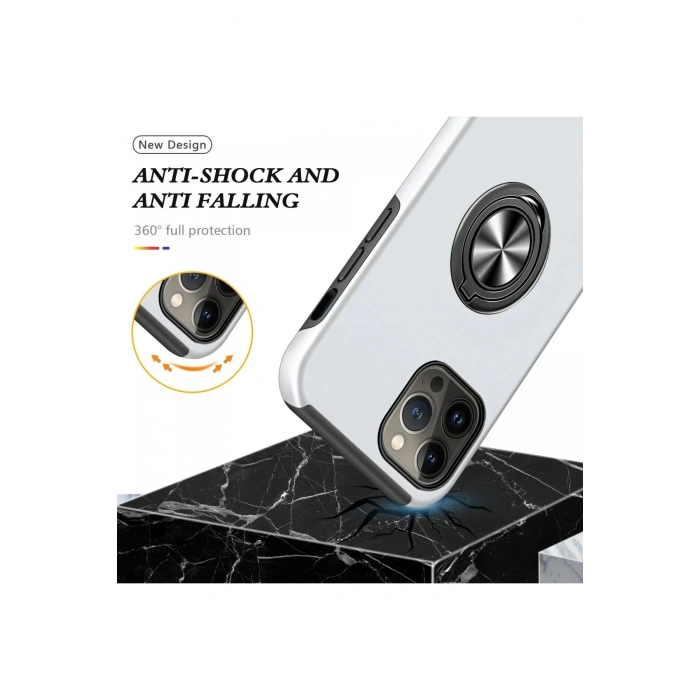 iPhone 13 Pro Kılıf Elit Yüzüklü Kapak - Gümüş