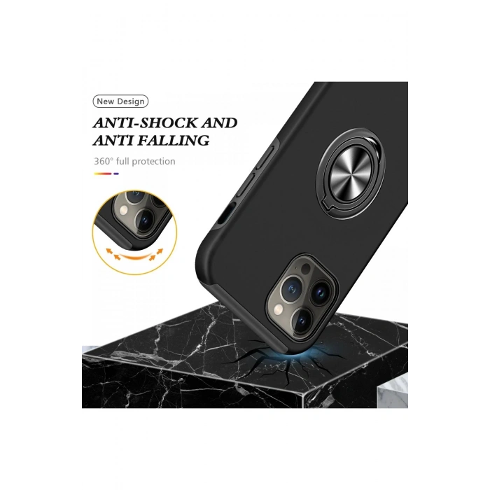 iPhone 13 Pro Kılıf Elit Yüzüklü Kapak - Siyah