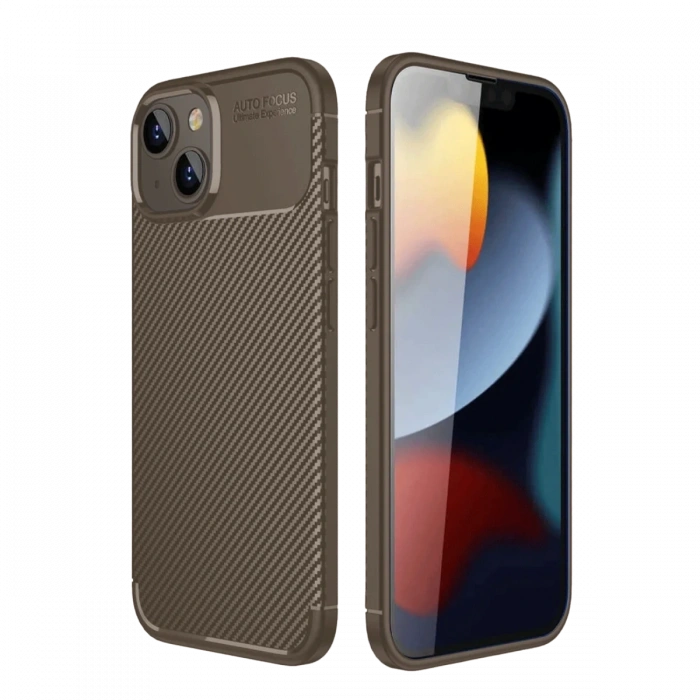 iPhone 14 Kılıf Auto Focus Karbon Kapak - Kahverengi