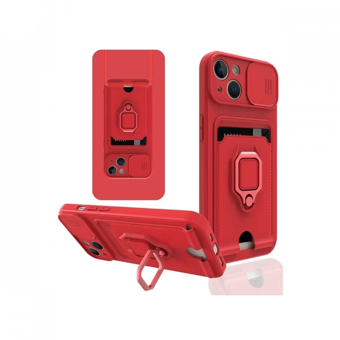 iPhone 14 Kılıf Zuma Kartvizitli Yüzüklü Silikon - Kırmızı