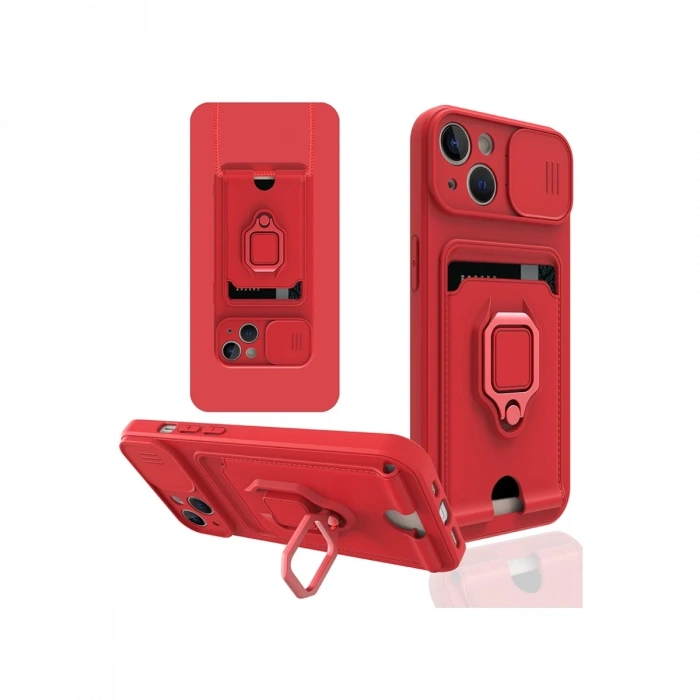 iPhone 14 Kılıf Zuma Kartvizitli Yüzüklü Silikon - Kırmızı