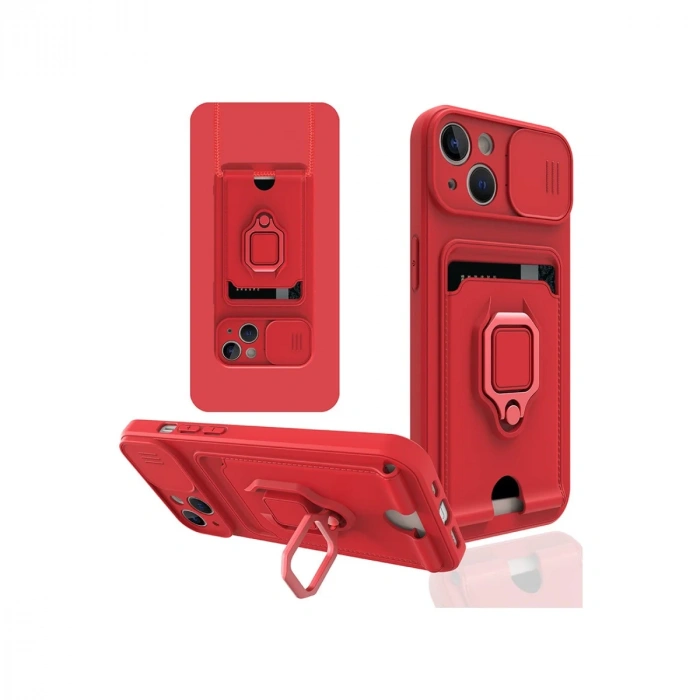iPhone 14 Kılıf Zuma Kartvizitli Yüzüklü Silikon - Kırmızı