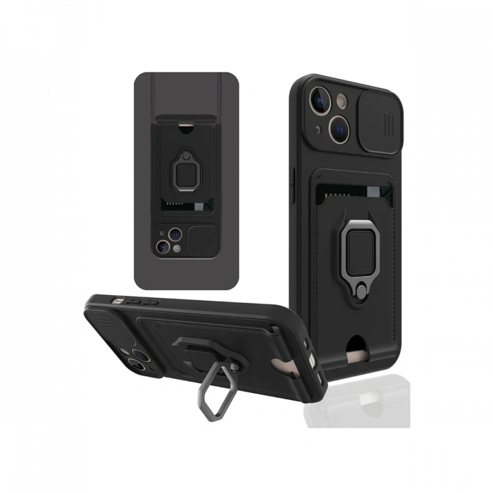 iPhone 14 Plus Kılıf Zuma Kartvizitli Yüzüklü Silikon - Siyah