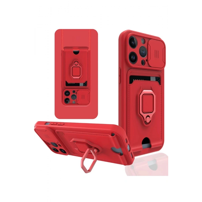 iPhone 14 Pro Max Kılıf Zuma Kartvizitli Yüzüklü Silikon - Kırmızı
