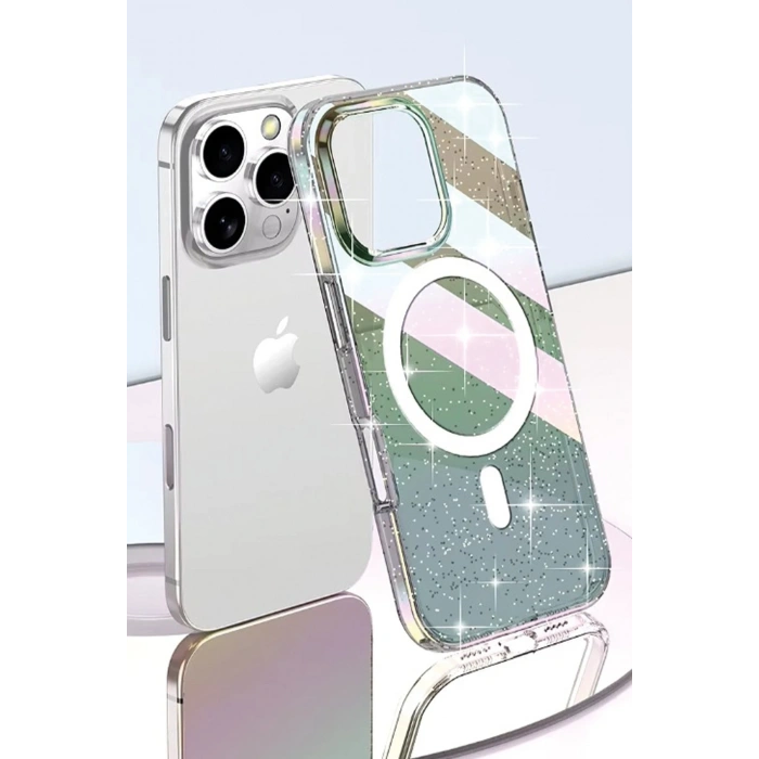 iPhone 14 Pro Max Rasasi Simli Magsafe Kapak - Şeffaf