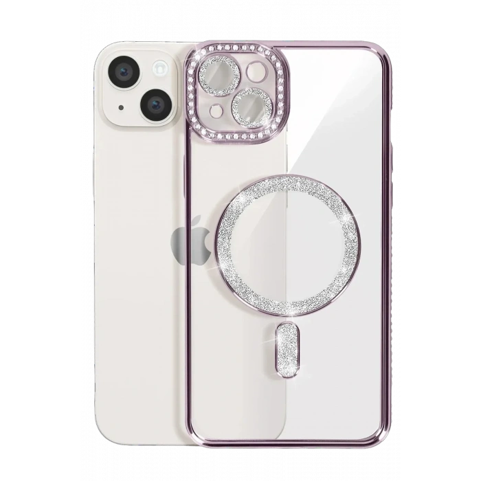 iPhone 15 Kılıf Joke Simli Magneticsafe Kılıf - Derin Mor