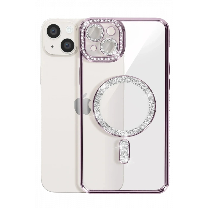 iPhone 15 Kılıf Joke Simli Magneticsafe Kılıf - Derin Mor