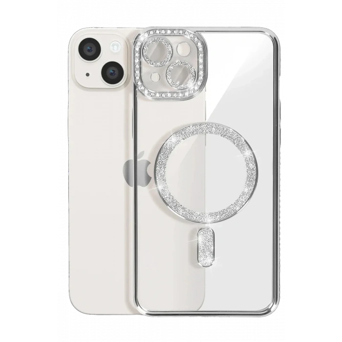 iPhone 15 Kılıf Joke Simli Magneticsafe Kılıf - Gümüş