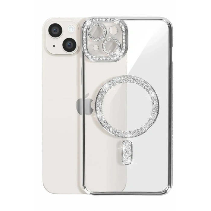 iPhone 15 Kılıf Joke Simli Magneticsafe Kılıf - Gümüş