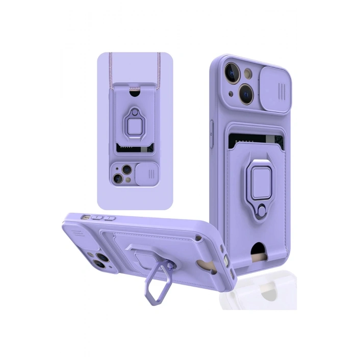 iPhone 15 Kılıf Zuma Kartvizitli Yüzüklü Silikon - Lila