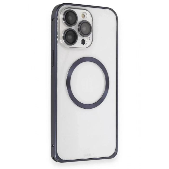 iPhone 15 Pro Kılıf Metal Bumper Magneticsafe Kapak - Lacivert