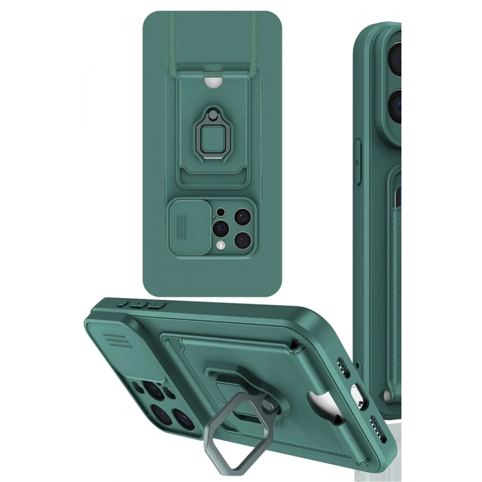 iPhone 15 Pro Kılıf Zuma Kartvizitli Yüzüklü Silikon - Yeşil