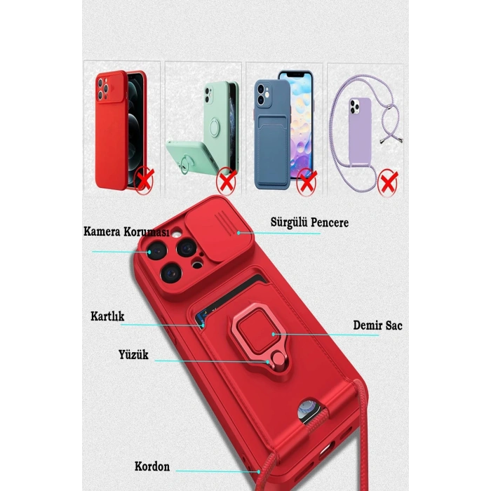 iPhone 15 Pro Max Kılıf Zuma Kartvizitli Yüzüklü Silikon - Kırmızı