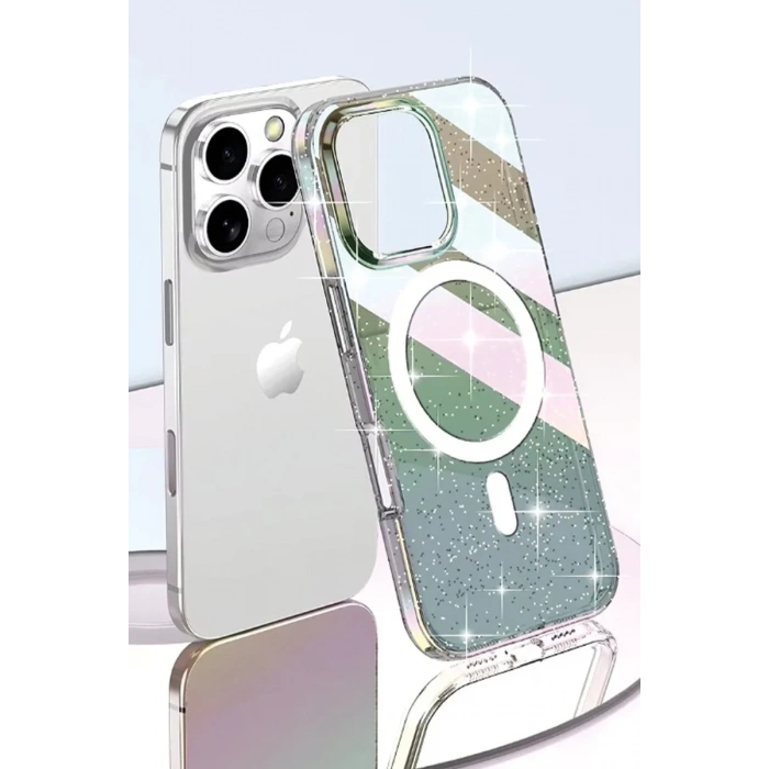 iPhone 15 Pro Max Rasasi Simli Magsafe Kapak - Şeffaf