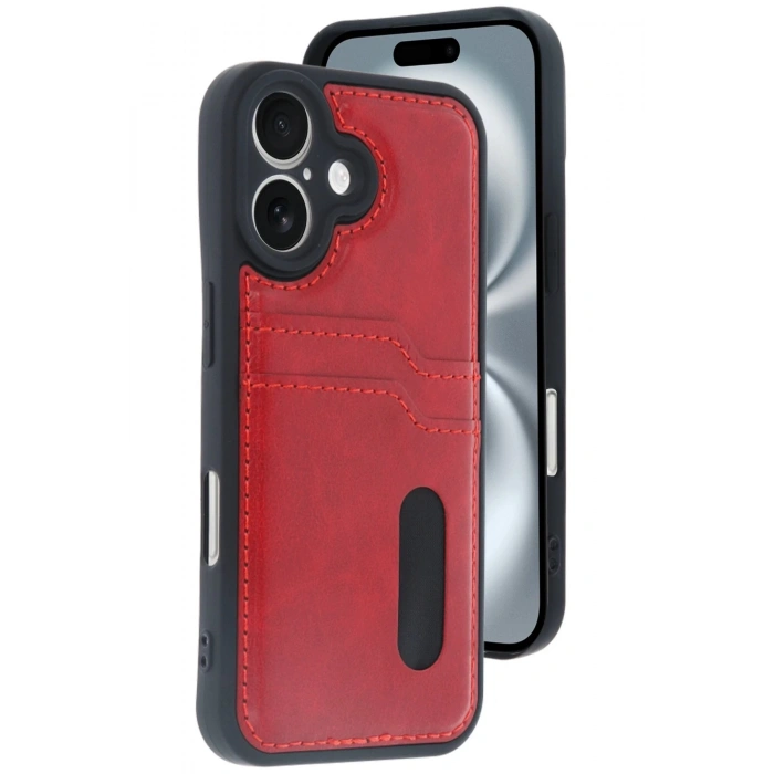 iPhone 16 Kılıf Sara Kartvizitli Deri Kılıf - Kırmızı
