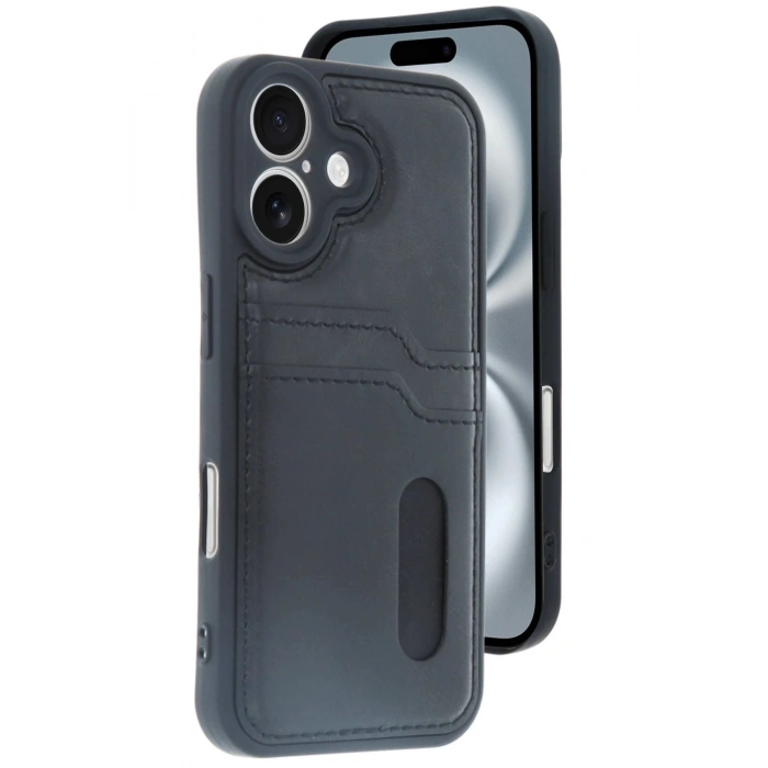 iPhone 16 Kılıf Sara Kartvizitli Deri Kılıf - Siyah