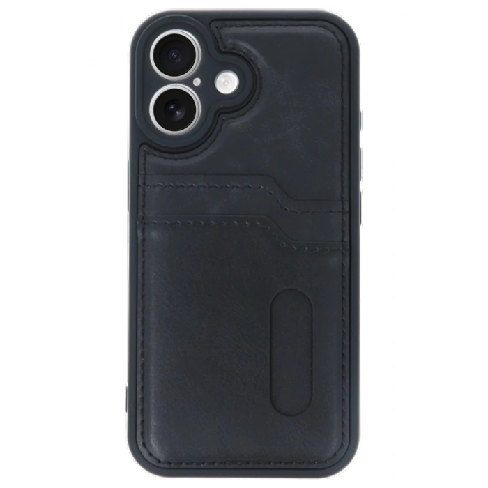 iPhone 16 Kılıf Sara Kartvizitli Deri Kılıf - Siyah