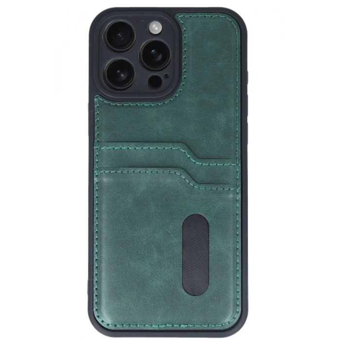 iPhone 16 Pro Kılıf Sara Kartvizitli Deri Kılıf - Koyu Yeşil