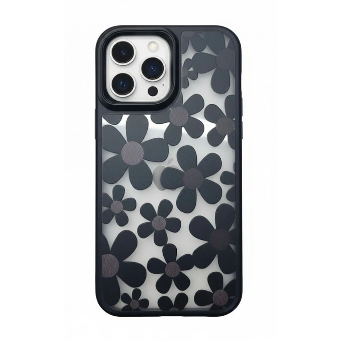 iPhone 16 Pro Max Çiçekli Kılıf Bağlama Aparatlı Siyah