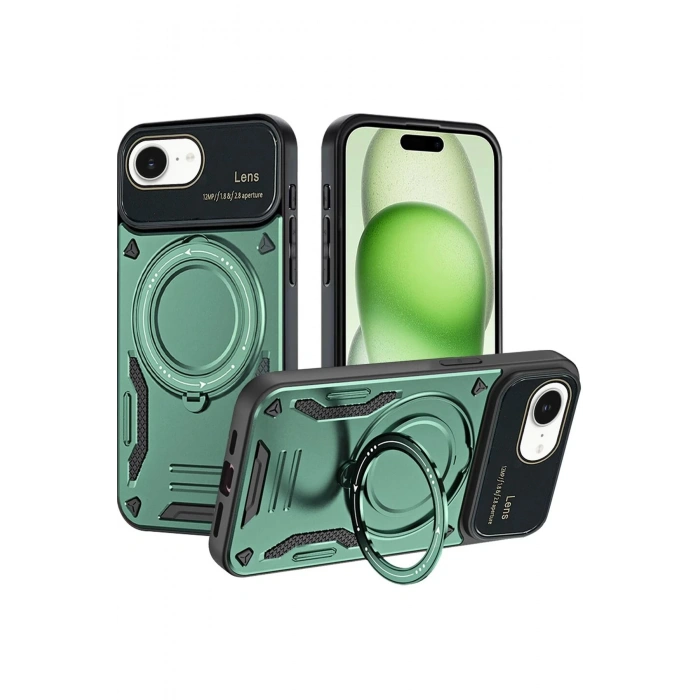 iPhone 16E Kılıf Joy Lens Standlı Kapak - Koyu Yeşil