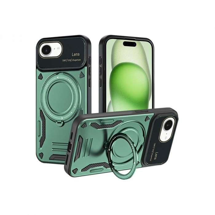 iPhone 16E Kılıf Joy Lens Standlı Kapak - Koyu Yeşil