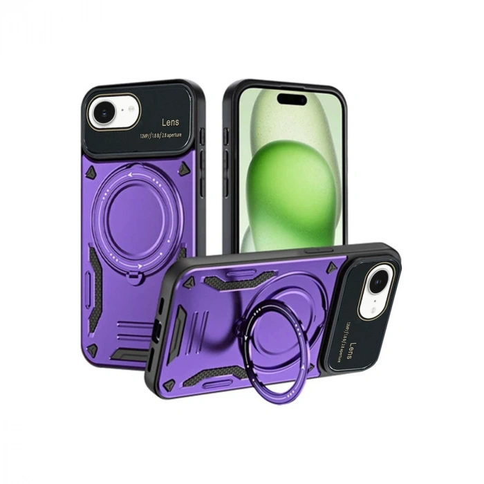 iPhone 16E Kılıf Joy Lens Standlı Kapak - Mor