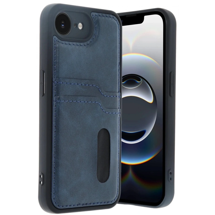 iPhone 16E Kılıf Sara Kartvizitli Deri Kılıf - Lacivert