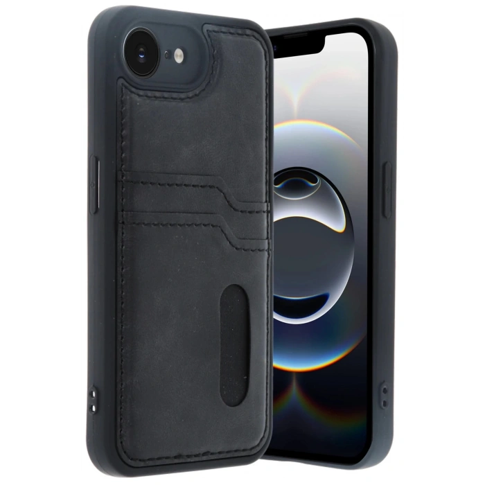 iPhone 16E Kılıf Sara Kartvizitli Deri Kılıf - Siyah