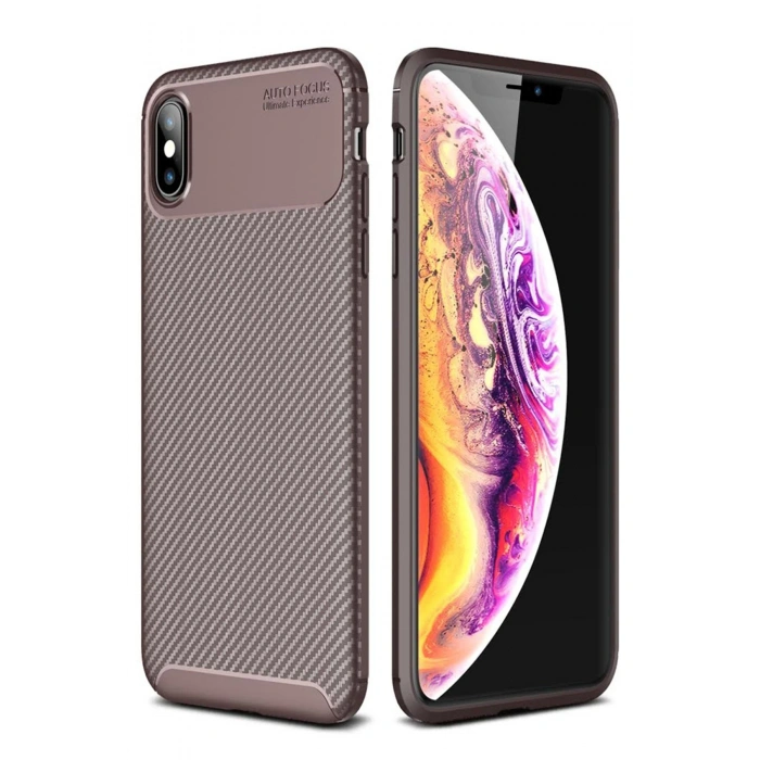 iPhone XS Max Kılıf Auto Focus Karbon Kapak - Kahverengi