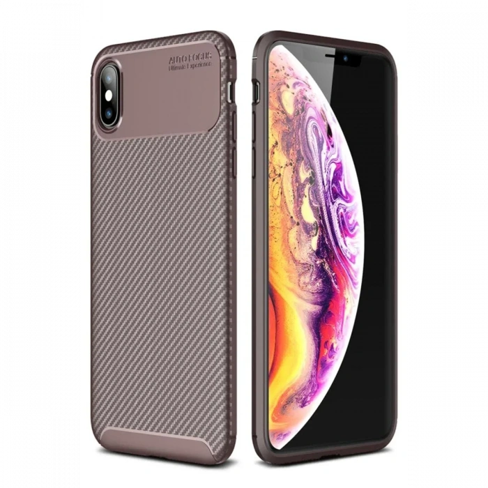 iPhone XS Max Kılıf Auto Focus Karbon Kapak - Kahverengi