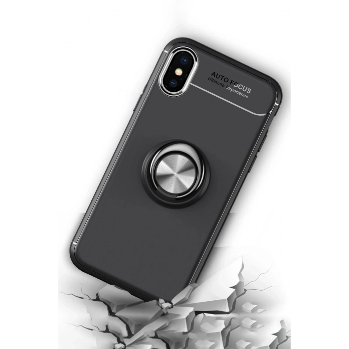 iPhone XS Max Kılıf Range Yüzüklü Silikon - Siyah-Gold