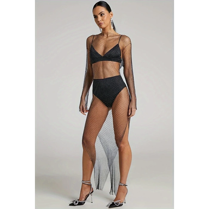 Işıltılı File Detaylı Uzun File Gece Elbisesi & Taş İşlemeli Parti Modeli-Gece & Davet Şıklığı