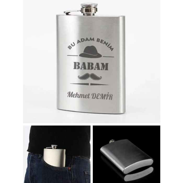 İsme Özel Kral Babam 9 Oz  Çelik Cep Matarası 266 Ml İçecek Cep Matarası Babaya Hediye