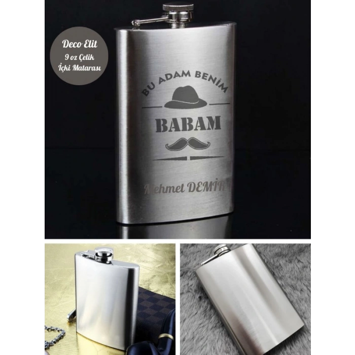 İsme Özel Kral Babam 9 Oz  Çelik Cep Matarası 266 Ml İçecek Cep Matarası Babaya Hediye