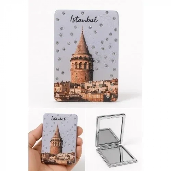 İstanbul Galata Kulesi Temalı Simli Büyüteçli Pratik Mini Cep Çanta Makyaj Aynası