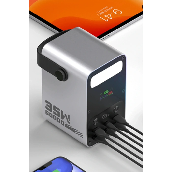 J51 60.000 mAh Dijital Sarj Göstergeli Led Işıklı 35W PD Powerbank - Gümüş