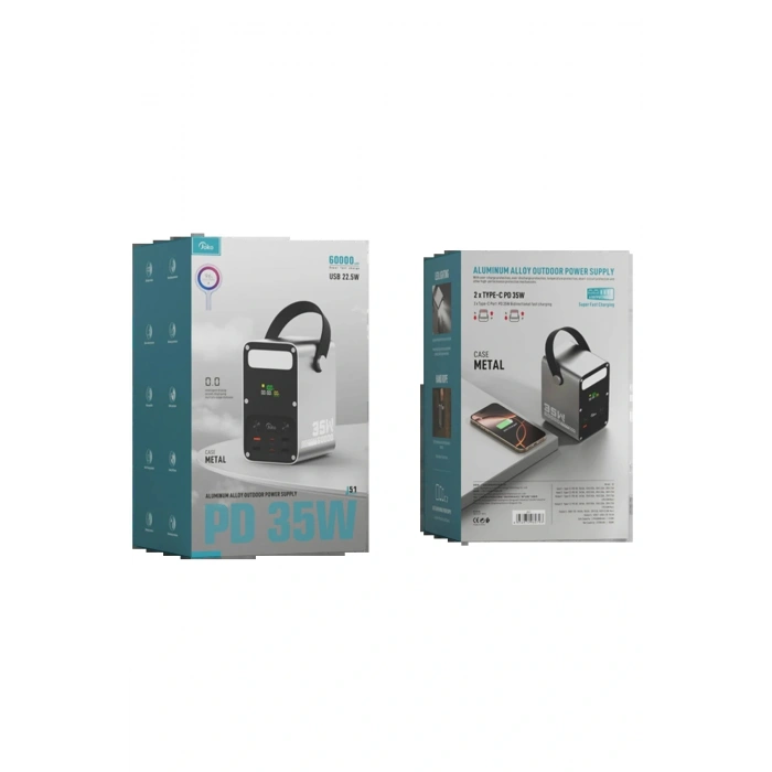 J51 60.000 mAh Dijital Sarj Göstergeli Led Işıklı 35W PD Powerbank - Gümüş