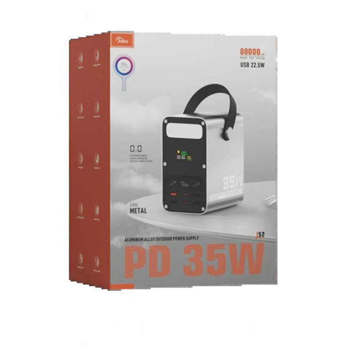 J52 80.000 mAh Dijital Şarj Göstergeli Led Işıklı 35W PD Powerbank - Gümüş