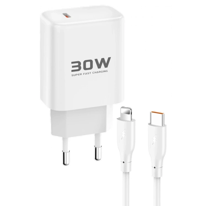 JK89 30W Type-C Çıkışlı Ekstra DC66 1M Type-C to Lightning Kablolu PD Şarj Cihazı - Beyaz