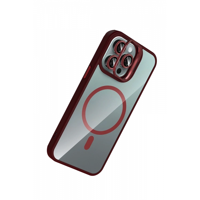  Apple iPhone 14 Pro Max Remim Lensli Magsafe Standlı Kapak - Bordo
