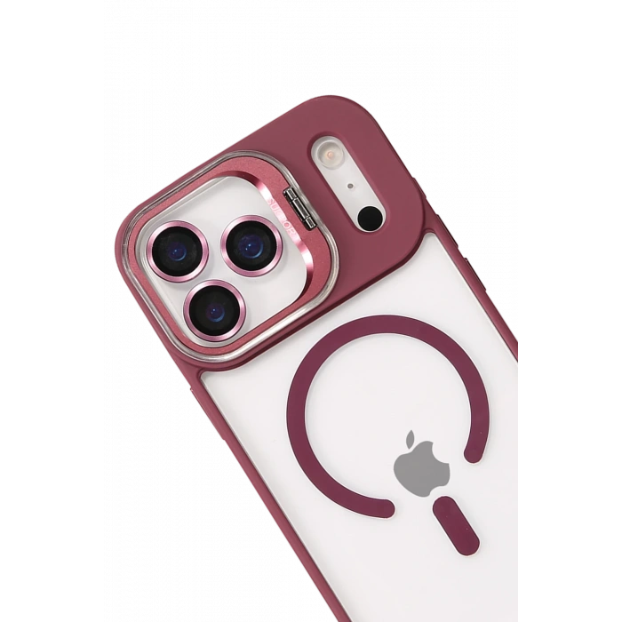  Apple iPhone 17 Pro Max Remim Lensli Magsafe Standlı Kapak - Bordo