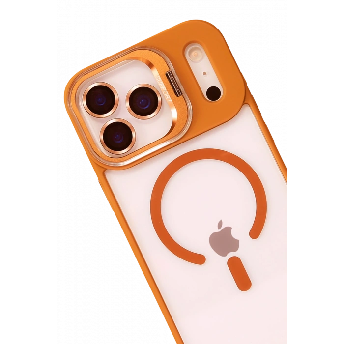  Apple iPhone 17 Pro Max Remim Lensli Magsafe Standlı Kapak - Turuncu